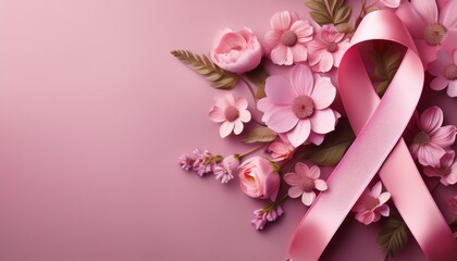 breast cancer awareness month pink ribbon and flowers banner with copy space made with generative ai