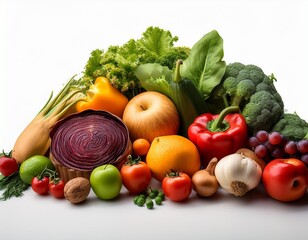 fresh organic vegetables and fruits on white background