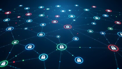 Digital Guardians: Interconnected security and data privacy. A network of glowing nodes and padlocks illustrates the intricate fabric of security in the digital age.