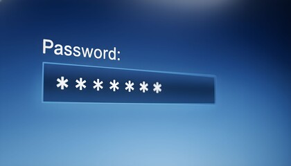 A close-up view of a password input field on a blue screen, showing asterisks for security and user privacy.