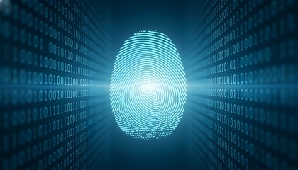 Digital Identity: A luminous fingerprint, digitally rendered, stands at the core of a data stream, symbolizing the essence of digital identity and the complexities of modern security.