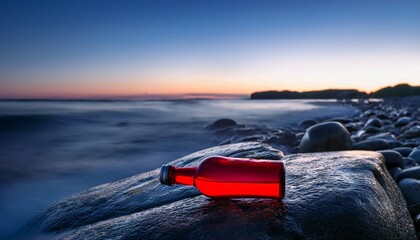 red glass bottle glowing softly on a rocky shore at dusk