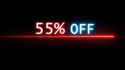 Business 55% off illustration. Neon discounts offer number. Business promotions and special percentage offers.