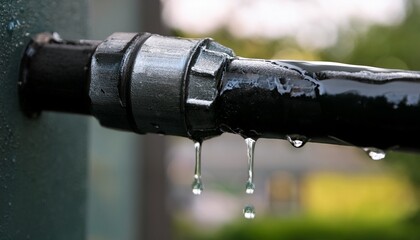 close up of a leaking black metal pipe with water dripping from the joint the background is blurred emphasizing the water flow