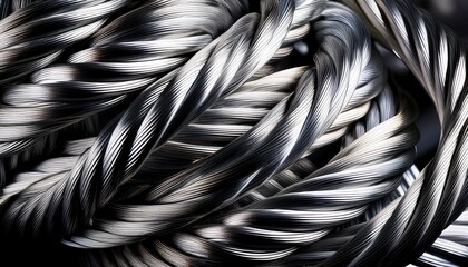 close up of twisted steel cables with a dark metallic finish the cables are tightly wound showcasing their texture and strength