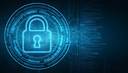 Cybersecurity Lock Symbol: Illuminated lock symbol signifies data protection and digital security within a high-tech data environment, evoking trust and safety.