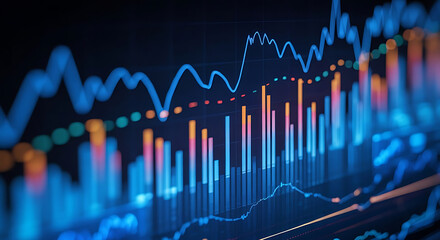 Abstract technological visualization of financial charts displaying market statistics information. Financial economic growth chart. 