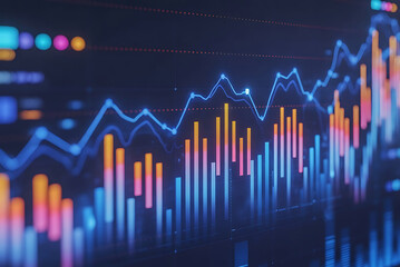 Abstract technological visualization of financial charts displaying market statistics information. Financial economic growth chart. 