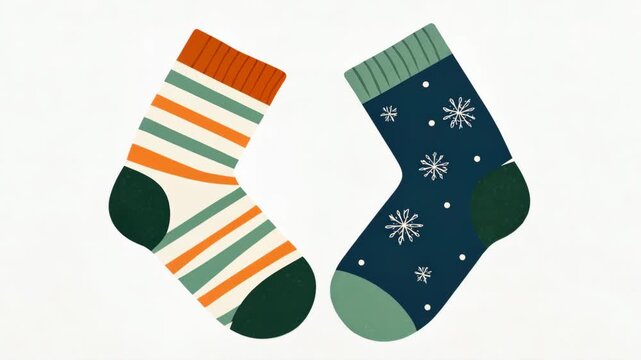 Colorful mismatched socks with stripes and snowflakes on white background