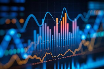 Abstract technological visualization of financial charts displaying market statistics information. Financial economic growth chart. 