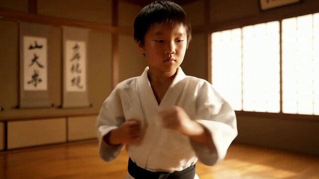 A determined young Asian boy with a black belt practicing karate moves in a traditional sunlit dojo