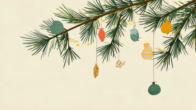 Festive pine branch with colorful ornaments and string lights