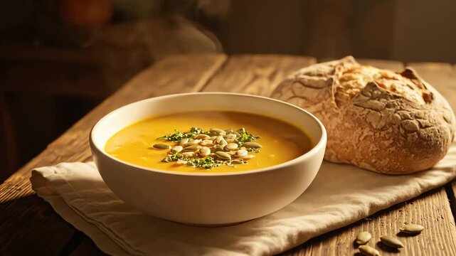 A warm bowl of steaming pumpkin soup with seeds and crusty bread on a rustic wooden table