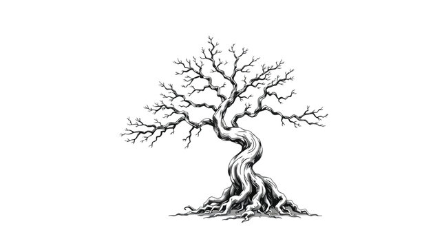 A detailed black and white illustration of a gnarled, ancient tree with exposed roots and bare branches against a white background.