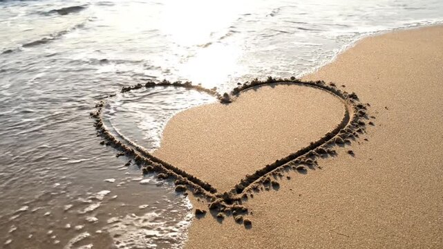 Heart shape drawn in golden beach sand, ocean waves washing ashore, romantic scene