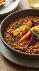 Fototapeta premium Lentil stew presents hearty nourishment in rustic bowl