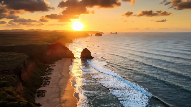 A breathtaking aerial view of a dramatic coastline with sea stacks during a vibrant golden hour sunset.