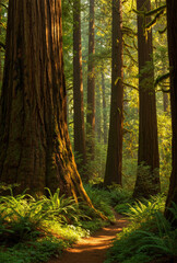 Fototapeta premium Forest path winds through redwood trees in a lush woodland