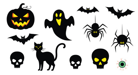 Collection of black Halloween silhouettes including a scary pumpkin, ghost, bats, spiders, skulls, and a black cat for design.