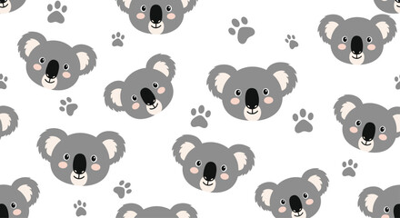 Fototapeta premium Seamless repeating pattern of cute koala bear faces and little paw prints scattered on a clean, simple white background design.