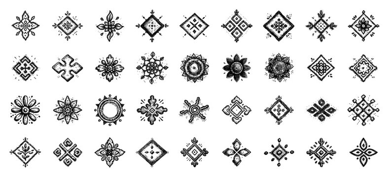 Hand drawn tribal geometric symbols set. Collection of ethnic abstract ornaments, boho elements, suns, stars and tattoo shapes.