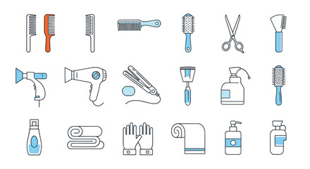 Obraz premium Large collection of professional hairdressing and salon tools, including scissors, combs, brushes, hairdryer, and styling products.