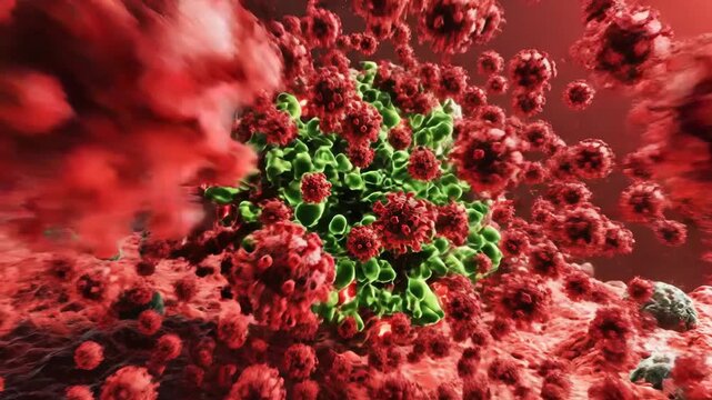 Microscopic view of a virus particle actively replicating within a host cell, a dynamic process of cellular invasion and reproduction.