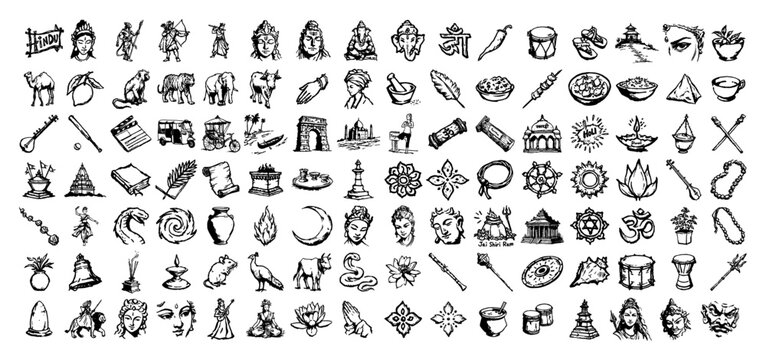 Mega set of hand drawn India and Hinduism culture vector icons sketch doodle collection of travel symbols