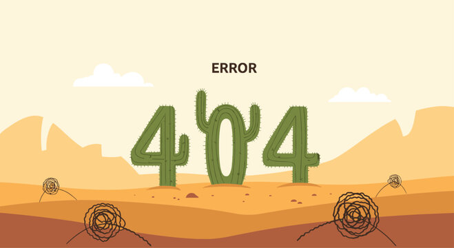 Creative Error 404 page not found concept with large cactus plants forming the numbers in a vast, empty desert landscape.