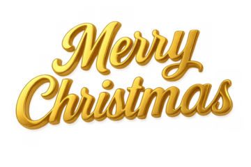 Merry christmas golden text typography on transparent background, festive holiday greeting with shiny metallic letters