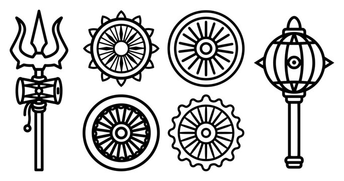 Set of Hindu divine weapons Trishula Sudarshana Chakra and Gada icons Vector outline symbols of Lord Shiva and Vishnu