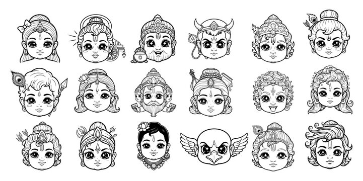 Big collection of cute Hindu gods and goddesses avatars Chibi cartoon style heads of Indian deities Vector illustration set