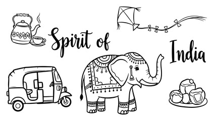 Spirit of India Doodle Illustration Set Indian Culture and Travel Symbols