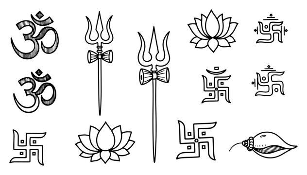 Set of Hindu religious symbols vector icon collection with Om Trishula Lotus and Swastika