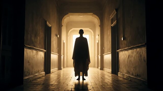 Ominous spectral figure standing at the end of a long dark and creepy horror hallway