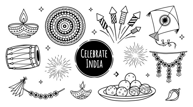 Celebrate India Doodle Icon Set Indian Festivals and Culture Elements Collection