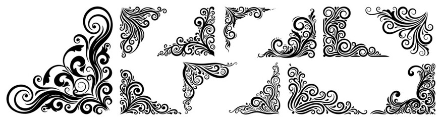 Set of ornamental floral swirl corner vector silhouettes vintage decorative frame elements collection