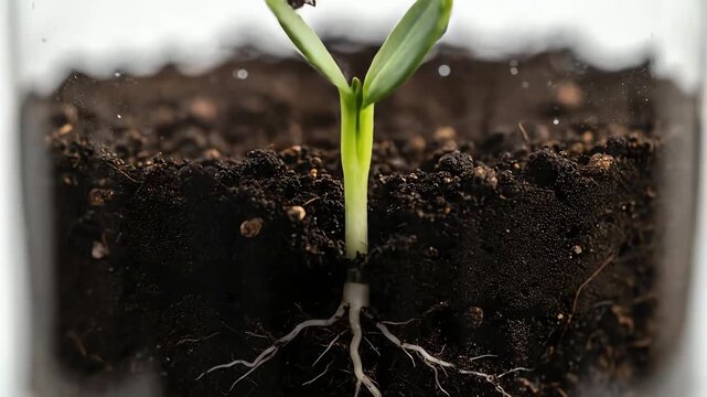 Seed Germination Time-lapse Showing a Plant Sprouting and Growing from Soil with Visible Roots