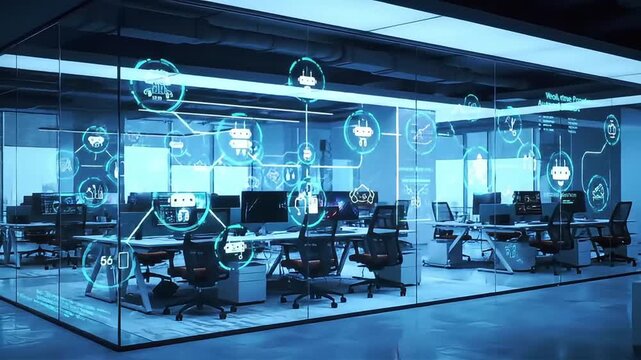 ai automation workflow office with holographic chatbot interfaces in a glass wall workspace illustrating futuristic digital productivity