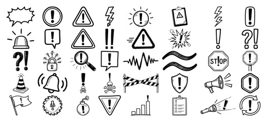 Big set of hand drawn warning and attention icons Doodle collection of alert danger and notification symbols Vector sketch illustration