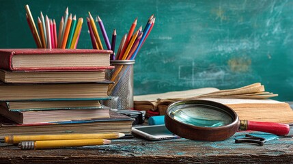 Classic school supplies with stacked books and a magnifying glass