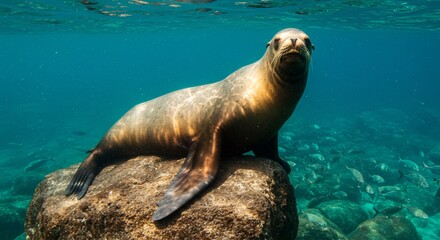 Fototapeta premium Sea Lion Rests Underwater in Ocean