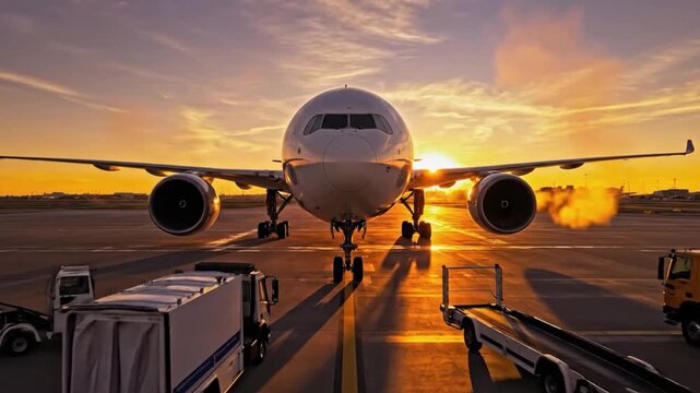Airplane preparing for departure on the runway at sunset with jetway and ground vehicles nearby