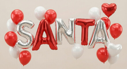 A festive and cheerful Christmas composition featuring the word SANTA spelled out in large, glossy metallic foil balloons