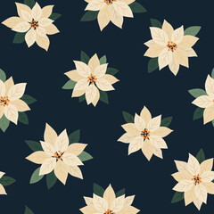 Białe poinsecje na granatowym tle – świąteczny bezszwowy wzór wektorowy. © Monika