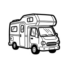 Simple black and white illustration of a camper van.