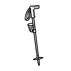 Simple black and white line drawing of a walking stick with a basket.