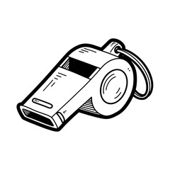 Black and white illustration of a whistle on a lanyard.