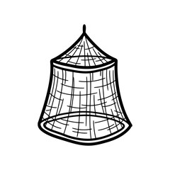 Black and white illustration of a birdcage with a pointed top and wire mesh design.