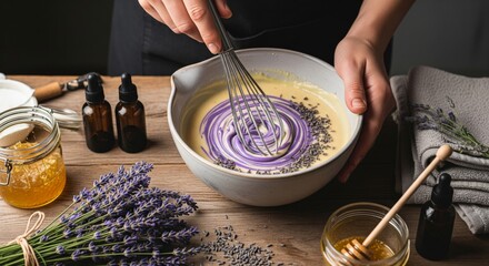 Close-up of hands creating handmade natural soap using lavender and honey.